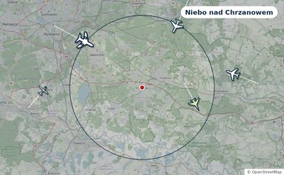 Mapa okolic miasta z sylwetkami samolotów — Niebo nad Chrzanowem